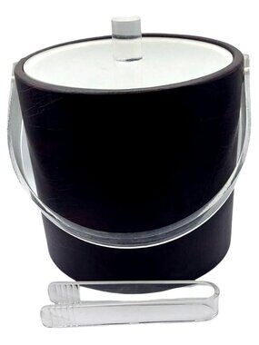 Traditional Dark Brown Vinyl Ice Bucket Set W/ Acrylic Lid Handle & Tongs